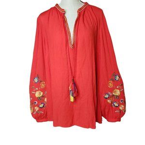 Simple Be Boho Embordered Balloon Sleeve  Tassel Embellished Tunic Top ,Size L